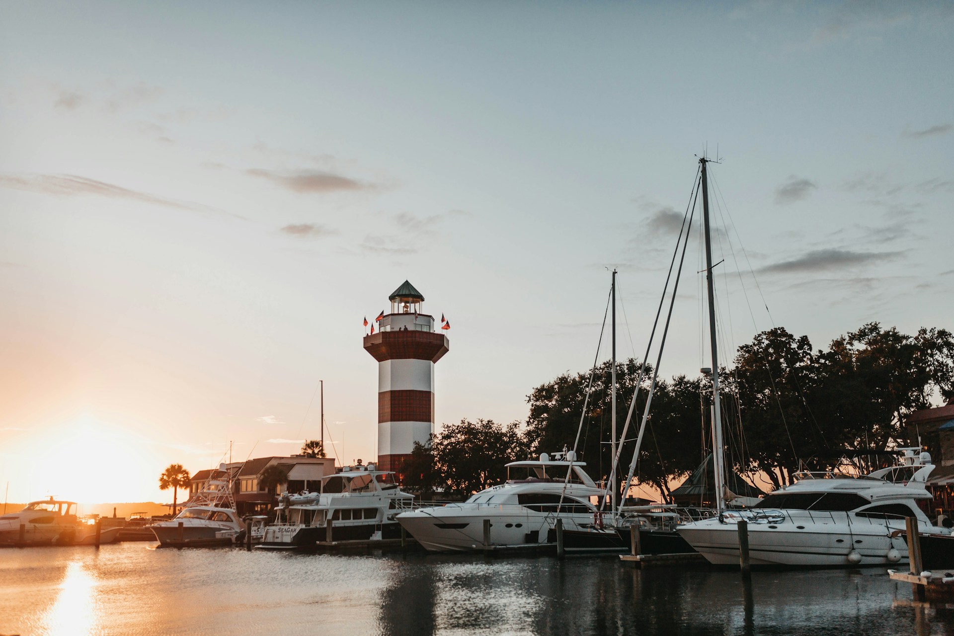 Harbour Town Lighthouse and marina at sunset on Hilton Head Island